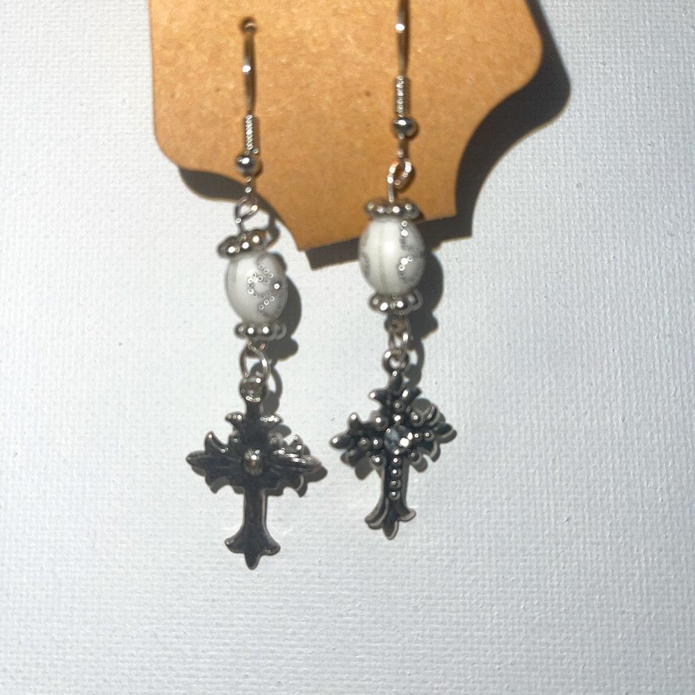 Silver Cross Rhinestone Earrings